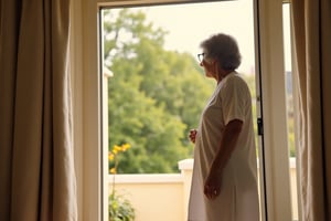 photorealistc, high resolution photograph taken with Nikon Z8 camera,  old woman, 70 years old, she is wearing a white crotton nightdress, she is standing in front of patio doors, the sunlight is shining through her hightdress so that her body is silhouetted, garden can be seen outside, blurred background