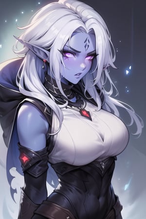 1girl, drow, ((colored skin, lavender skin)), pointy ears, long white hair, white eyes, red facial markings, forehead, black sleeveless turtleneck leotard, black and red boots, black fingerless gloves, black and red cape, tsurime, red necklace, perfect anatomy, female_solo, (insanely detailed, beautiful detailed face, masterpiece, best quality, detailed, detailed background, 8k, 4k, detailed shaders, glow effect, play of light, high contrast), score_9, score_8_up, score_7_up, highest quality, 8K, RAW photo, source_anime, perfect face