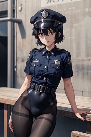 Mikoto Urabe ,BCop, belt, policewoman, leotard, black tights, police hat, peaked cap, calm smile, leaning_back