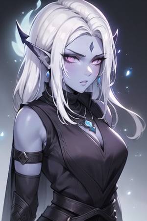 1girl, drow, ((colored skin, lavender skin)), pointy ears, long white hair, white eyes, red facial markings, forehead, black horns, black sleeveless turtleneck sweater, black pants, black and red boots, black and red armor, black fingerless gloves, black and red cape, warlock outfit, tsurime, red necklace, perfect anatomy, female_solo, (insanely detailed, beautiful detailed face, masterpiece, best quality, detailed, detailed background, 8k, 4k, detailed shaders, glow effect, play of light, high contrast), score_9, score_8_up, score_7_up, highest quality, 8K, RAW photo, source_anime, perfect face, upper_body