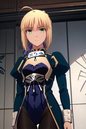 best quality, masterpiece, highres, solo, (saber_fatestaynightufotable:1.10), 1girl, leotard, tailcoat, black tights, style parody, anime coloring, frown, looking at viewer, puffy sleeves, anime_style, 3, smile