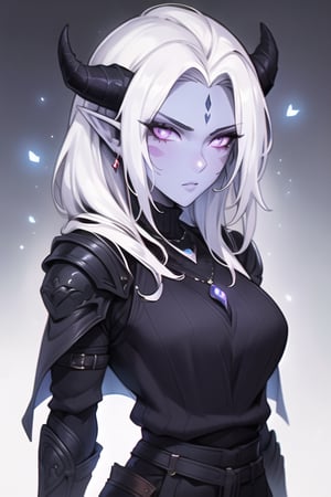 1girl, drow, ((colored skin, lavender skin)), pointy ears, long white hair, white eyes, red facial markings, forehead, black horns, black sleeveless turtleneck sweater, black pants, black and red boots, black and red armor, black fingerless gloves, black and red cape, warlock outfit, tsurime, red necklace, perfect anatomy, female_solo, (insanely detailed, beautiful detailed face, masterpiece, best quality, detailed, detailed background, 8k, 4k, detailed shaders, glow effect, play of light, high contrast), score_9, score_8_up, score_7_up, highest quality, 8K, RAW photo, source_anime, perfect face, upper_body