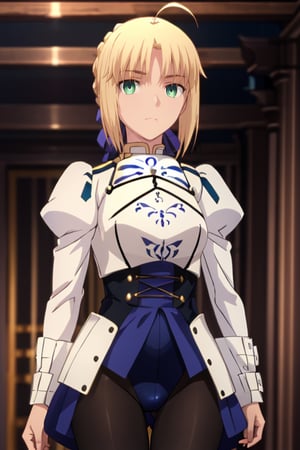 best quality, masterpiece, highres, solo, (saber_fatestaynightufotable:1.10), 1girl, leotard, tailcoat, black tights, style parody, anime coloring, frown, looking at viewer, puffy sleeves, anime_style, 3, smile