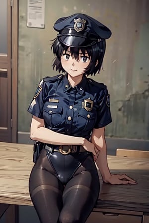 Mikoto Urabe ,BCop, belt, policewoman, leotard, black tights, police hat, peaked cap, calm smile, leaning on table