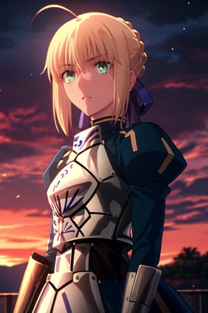 best quality, masterpiece, highres, solo, (saber_fatestaynightufotable:1.10), 1girl, armor, style parody, anime coloring, frown, looking at viewer, puffy sleeves, anime_style, 3