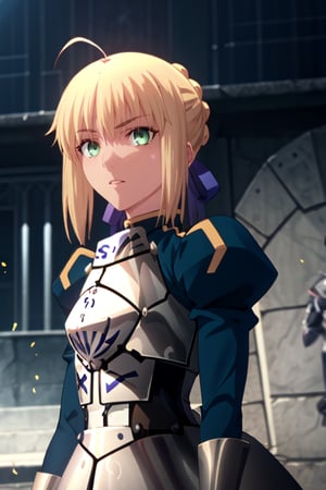 best quality, masterpiece, highres, solo, (saber_fatestaynightufotable:1.10), 1girl, armor, style parody, anime coloring, frown, looking at viewer, puffy sleeves, anime_style, 3