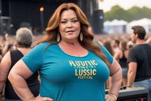 a plus size 50-year-old woman, Natural, curvy, tight (T-shirt), big chest, with long hair, at a music festival