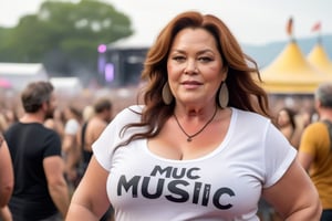 a plus size 50-year-old woman, Natural, curvy, tight (T-shirt), big chest, with long hair, at a music festival