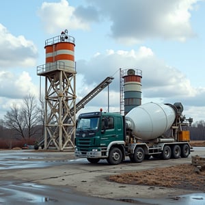 Realistic photograph, concrete plant area, car mixer for concrete