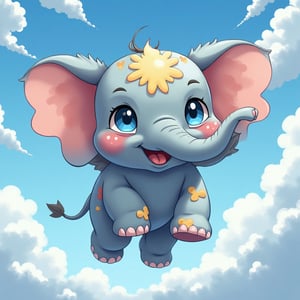 A photo of a flying elephant, whimsical and colorful, anime style, large expressive eyes, vibrant patterns on the skin, fluffy clouds surrounding, bright blue sky, dynamic pose, playful and cheerful atmosphere, exaggerated proportions, fantasy elements.