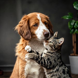 realistic photo, dog and cat hugging