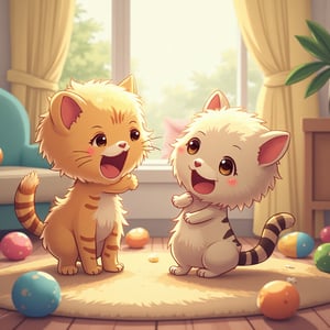 anime style, a cat and a kitten playing with their playful kittens, showcasing cute expressions and dynamic poses, set in a bright, colorful living room filled with toys and soft cushions, illuminated by cheerful, warm lighting that enhances the joyful atmosphere.