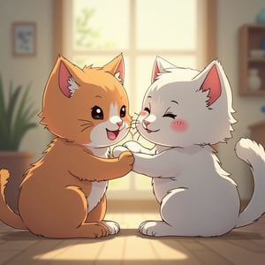 anime style, cat and cat playing with their kittens