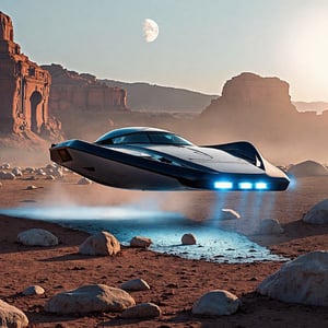 A futuristic spacecraft gently landing on the surface of an alien planet. Sleek, aerodynamic design with glowing engines and panels. The ship touches down on a barren, rocky landscape with reddish hues, under a sky with two moons. Soft, blue-tinted lighting emanates from the spacecraft, illuminating the surrounding environment.