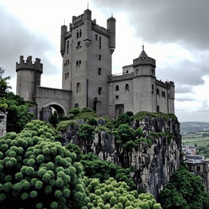 A medieval castle on a rocky cliff, towering over a lush, green landscape. Massive stone walls and turrets, narrow windows, drawbridge over a deep moat. Overcast sky with dramatic clouds, creating a moody, atmospheric scene.