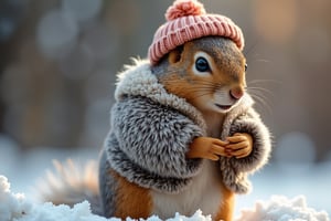 a squirrel in a fashionable fur coat and a knitted hat makes preparations for the winter