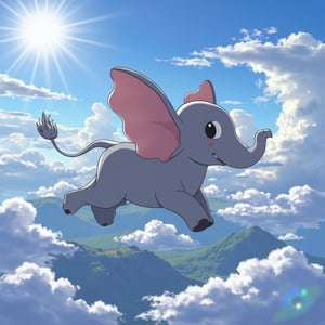 a photo of a flying elephant in anime style, characterized by vibrant colors, exaggerated features, and whimsical expressions, soaring through a fantasy sky filled with fluffy clouds and a bright sun, illuminated by dynamic lighting that enhances the magical atmosphere.