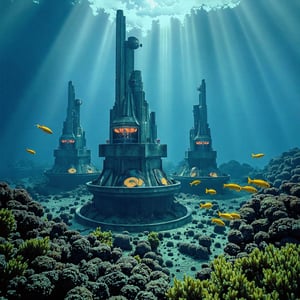 A photo of a fantastical underwater city, captured with a Nikon D850 camera, f/5.6 aperture, 16mm focal length. Towering, futuristic structures made of gleaming metal and glass rise up from the ocean floor, surrounded by schools of brightly colored fish. Intricate, bioluminescent lighting systems illuminate the city, casting an otherworldly glow. Kelp forests and coral reefs stretch out in the distance, creating a lush, alien environment. The water is a deep, azure blue, with shafts of sunlight filtering down from the surface above.