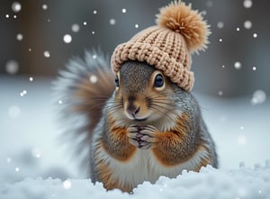 a squirrel in a fur coat and a knitted hat is preparing for the winter