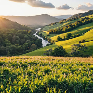 A photo of a picturesque rural landscape, captured with a Canon EOS R6 camera, f/8 aperture, 24mm focal length. Rolling green fields stretch out, dotted with patches of wildflowers. A winding river cuts through the scene, its banks lined with a dense, lush forest. In the distance, gentle hills rise up, their slopes covered in a patchwork of trees and meadows. Soft, warm sunlight filters through the clouds, casting a golden glow over the entire composition.