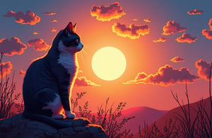 cat viewing a full sun, morning centered, Cyberpop, gouache, cow-boy shot, Simulation, 100mm, Projection mapping, iridescent colors, abstract, glow stick lighting, 8K 