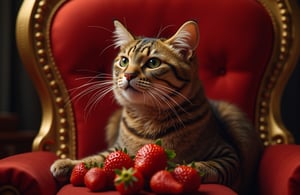 A majestic regal scene unfolds: The Cat King perches majestically upon a fiery red throne, its velvet surface glistening in the warm glow of soft, golden lighting. As he indulges in luscious strawberries, his whiskers twitching with delight, the camera frames him from above, highlighting the regality of his feline form and the vibrant hues of the throne against the subtle background tones.