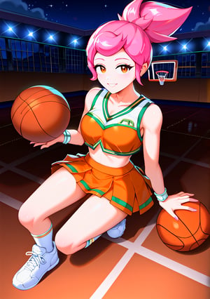 Highly detailed, High Quality, Masterpiece,beautiful(general shot), 1 girl, solo, Janet from Brawl Stars, (eyes open, pink hair, thin, u.a. cheerleader (orange crop top, orange miniskirt, medium white socks, white sneakers shoes, empty basketball court, at night, lights on,overhead light)