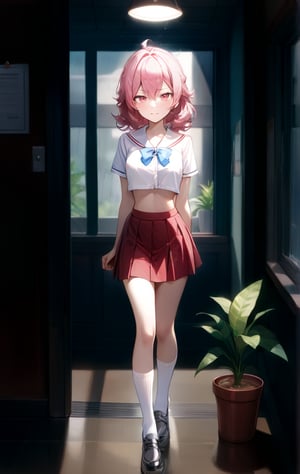 Highly detailed, High Quality, Masterpiece,beautiful (medium long shot), 1 girl, solo, Janet from Brawl Stars, (eyes open, pink hair, thin, schoolgirl uniform (white short blouse crop top underboob, red miniskirt, medium white socks, black shoes, interior school hallways, overhead light, cloudy rain day through window, potted plant) 