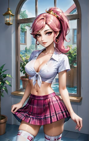 Highly detailed, High Quality, Masterpiece,beautiful(general shot), 1 girl, solo, Janet from Brawl Stars, (eyes open, pink hair (Use Janet's characteristic hairstyle from Brawl Stars), thin, schoolgirl uniform (white short blouse crop top, red miniskirt, medium white socks, black shoes, school hallways, overhead light, background rain through window, potted plant) 