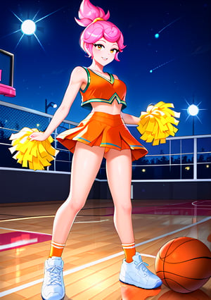 Highly detailed, High Quality, Masterpiece,beautiful(general shot), 1 girl, solo, Janet from Brawl Stars, (eyes open, pink hair, thin, u.a. cheerleader (orange crop top, orange miniskirt, medium white socks, white sneakers shoes, empty basketball court, at night, lights on,overhead light)