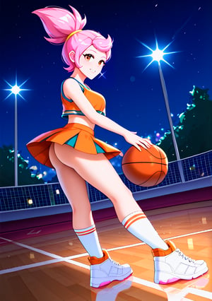 Highly detailed, High Quality, Masterpiece,beautiful(general shot), 1 girl, solo, Janet from Brawl Stars, (eyes open, pink hair, thin, u.a. cheerleader (orange crop top, orange miniskirt, medium white socks, white sneakers shoes, empty basketball court, at night, lights on,overhead light)