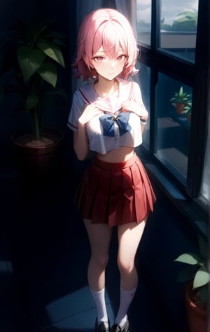 Highly detailed, High Quality, Masterpiece,beautiful (medium long shot), 1 girl, solo, Janet from Brawl Stars, (eyes open, pink hair, thin, hot schoolgirl uniform (white short blouse crop top underboob, red miniskirt, medium white socks, black shoes, interior school hallways, overhead light, cloudy rain day through window, potted plant) 