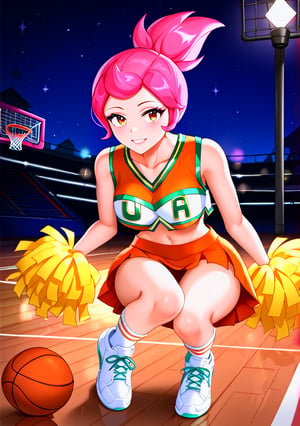 Highly detailed, High Quality, Masterpiece,beautiful(general shot), 1 girl, solo, Janet from Brawl Stars, (eyes open, pink hair, thin, u.a. cheerleader (orange crop top, orange miniskirt, medium white socks, white sneakers shoes, empty basketball court, at night, lights on,overhead light)