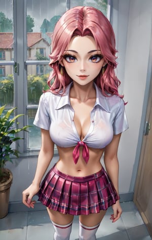 Highly detailed, High Quality, Masterpiece,beautiful(general shot), 1 girl, solo, Janet from Brawl Stars, (eyes open, pink hair, thin, schoolgirl uniform (white short blouse crop top, red miniskirt, medium white socks, black shoes, school hallways, overhead light, background rain through window, potted plant) 