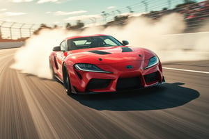 A photorealistic sports photograph of a Toyota Supra, mid-race, drifting at maximum acceleration and velocity on a vibrant race track. The Supra's red body gleams under natural daylight, with bright highlights reflecting off its polished surface. The scene captures the intense action with a dynamic motion blur, as clouds of tire smoke billow around the car. The background is blurred, emphasizing the Supra's rapid speed and smooth motion. The rugged texture of the track contrasts with the sleek car, while the dust and smoke add to the sense of high-speed drama,High Speed,toyota supra,cinematic dramatic color style