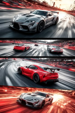 A multi-panel manga page showcasing an epic race between sleek, high-performance racing cars, each car dramatically drifting around a tight curve on a bustling race track. Each panel captures intense moments: close-up shots of determined drivers, the sharp turns, and tires emitting thick smoke as they skid across the asphalt. Background details include rubber marks along the track, blurred stadium lights, and cheering crowds in distant panels. Motion lines and speed streaks emphasize the fierce velocity, with vibrant contrasts of red, black, and silver across the page. Manga-style, intense shading and dynamic angles enhance the excitement and competition in every frame, each detail contributing to the dramatic, action-packed scene,High Speed,Hyperspeed,High dynamic range style,toyota supra,cinematic dramatic color style,MangaPanel