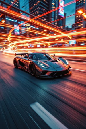 A photorealistic shot of a supercar performing a high-speed drift, with vivid light trail effects accentuating its rapid acceleration. The car’s sleek, metallic surface catches dynamic lighting as it maneuvers through an urban night scene. Neon light trails follow the motion of the car, creating a sense of speed and energy, while the background is slightly blurred to keep the focus on the supercar’s movement. The textures of burning rubber and the car’s smooth exterior add depth to the image,RAW,High Speed,Hyperspeed,carbon