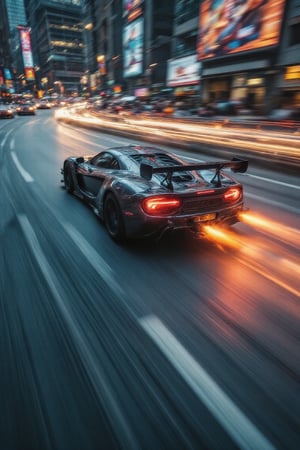 A photorealistic shot of a supercar performing a high-speed drift, with vivid light trail effects accentuating its rapid acceleration. The car’s sleek, metallic surface catches dynamic lighting as it maneuvers through an urban night scene. Neon light trails follow the motion of the car, creating a sense of speed and energy, while the background is slightly blurred to keep the focus on the supercar’s movement. The textures of burning rubber and the car’s smooth exterior add depth to the image,RAW,High Speed,Hyperspeed,carbon