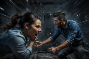 A high-definition action scene of a woman mid-slap, her hand connecting with her husband's cheek, capturing the raw emotion and intensity of the moment. The woman’s expression is one of betrayal and fury, while the man is recoiling in surprise and guilt. Set in a dimly lit, domestic interior with subtle, muted tones. Dramatic shadows heighten the tension, casting sharp lines on the walls, adding depth. Details include expressive facial features, with slight motion blur on the hand to emphasize the force of the slap, creating a powerful, emotionally charged moment,slashing,High Speed