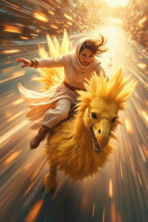 An elegant flower girl wearing layered flowy long hijab riding a bright yellow chocobo at high speed, front-centered view. Dynamic motion with wind-swept hair and motion-blurred background. Realistic style, vibrant colors, high detail, bright lighting, dramatic shadows, Riding Chocobo,EnchantingGlow,LightBurst,High Speed