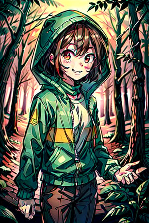 (fisheye lens), chara \(undertale\), storyshift chara,1 girl , Green jacket with hood, flat colors, brown eyes, brown hair, bright eyes, smile, flushed cheeks, white shirt, brown pants, white shirt, open jacket, unzipped jacket, simple jacket,snowy forest, Deep forest