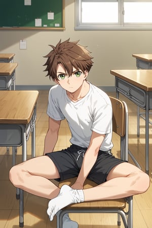 score_8_up, score_7_up, Expressiveh, masterpiece, best quality, best aesthetics, perfect anatomy, perfect proportions, high resolution, good colors, bright skin, good shading, good eyes, countershading, well detailed background, BREAK, male focus, male, Aoba_Watase, short hair, brown hair, green eyes, BREKA, rating_safe, serious,  white shirts, black shorts, white socks, flaccid, foreskin,, chair,  skinny, sitting, lying, chair, looking at the viewer, classroom, dutch agnle, intricately detailed illustration, depth of field, atmospheric perspective