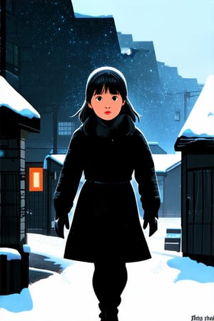 A little girl in thin clothes walking on a snowy street and dark houses