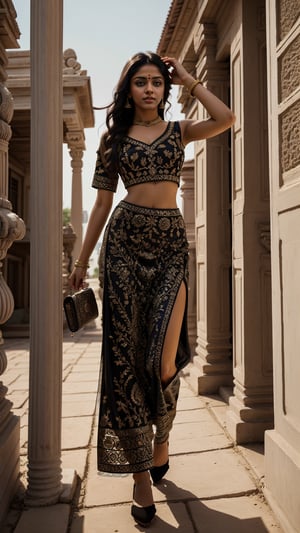 ultra-realistic photographs,Indian Instagram female model, Indian Instagram Woman (zari00lehnga0), Indian tradition, mid 20s,9:16,mid-shot,beautiful detailed eyes,detailed lips,long eyelashes,black braided hair, naturally full eyebrows,perfectly formed nose, expressive face, attractive appearance, smooth skin, realistic detailed skin, slim sexy body, hourglass body shape, full body, perfect slender legs, (full body shot:1.4), candid photo,vibrant and colorful deep legcut Saree dress, heavily embroidered dress, deep slit Saree dress, fancy leggings, black leggings, sexy standing pose, temple background, serene atmosphere,stunning architecture,soft and natural lighting,vivid colors, photorealistic, HDR, highres, studio lighting, Super Detailed, 8K, Aesthetic, Fantastic, (RAW Photo, Best Quality), (Masterpiece), (Best Quality), Intricate Details, Sharp Focus, (Soft (light)), ultra-detailed, bokeh, fully covered clothes