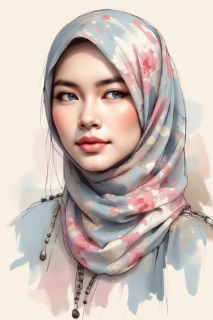 close-up portrait of a young malay girl with fair skin and delicate features, now wearing a hijab, created in a watercolor with oil painting and messy pen style. The girl has large, expressive blue eyes and slightly parted lips that suggest a thoughtful or wistful expression. the hijab, which is wrapped gracefully around her head and shoulders. The hijab is adorned with a soft, muted pattern that complements the floral designs on her dress. The background features a soft, pastel gradient, enhancing the dreamy, ethereal atmosphere. The overall mood is gentle and whimsical, with a focus on cultural beauty and grace.”,Dyn4Kay