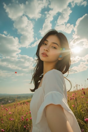 This is a highly detailed digital close-up and tilt shot artwork in a bright fantasy style, intricate tetradic colors in every details, a beautiful 22 years old Malay girl, looking at viewer, head tilt, leaning forward, A lone girl with wavy black hair, wearing white dress, stands in windy flower field with grass, sun glare, heavenly cloudy sky, (clouds spiral:0.8), a macabre tapestry of clouds reaching towards viewer, falling petals, light cascading from an unseen aperture above. A low camera angle emphasizes the girl's with the overwhelming warm vibes.,Resaqis