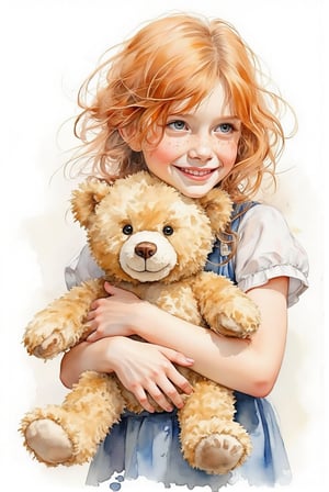 A young girl hugging her teddy bear, ginger ponytail, freckles, distinguished outfit, blue, white and black ink, white background, Shy smile, Happy expression. expressive eyes, joy.

Setting: Home, living room, sunlight shines in, serene.
Art Style: Watercolour. 
Detail Level: Highly detailed, realistic. Masterpiece, High Quality Illustration.