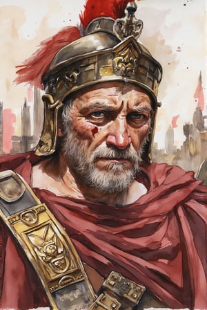 A roman centurion. black but greying hair.
Headshot, close up. battle-weary, scar running from his temple to mouth.
40 years old.
((No helmet, no headpiece))

Setting: Battlefield, dim sunlight.
Art Style: Watercolour. 
Detail Level: Highly detailed, realistic. Masterpiece, High Quality Illustration.