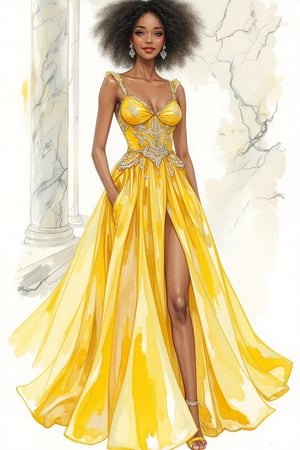 A beautiful, elegant african woman, dark skin, happy modest expression, expressive eyes, distinguished, regal bearing. yellow, white and black ink, white background. She is wearing a visually striking, magnificent, flowing yellow dress with decorative embroidery. Setting: Ballroom, white marble, sunlight shines in, serene. 

Art Style: Watercolour. Detail Level: Highly detailed, (Realistic). Masterpiece, High Quality Illustration.

Artgerm, blue and white color scheme, cyberpunk art, synchromism, masterpiece, best quality, aesthetic,