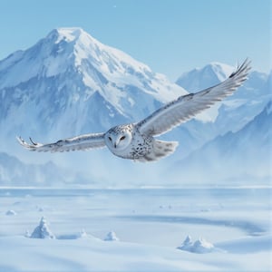 A serene winter's landscape unfolds as a majestic snowy owl spreads its wings, soaring effortlessly against the cerulean sky. In the distance, a snow-capped mountain range rises majestically, its peaks shrouded in misty veil. The owl's piercing gaze scans the terrain below, searching for its next unsuspecting prey amidst the quiet stillness of the winter wonderland.